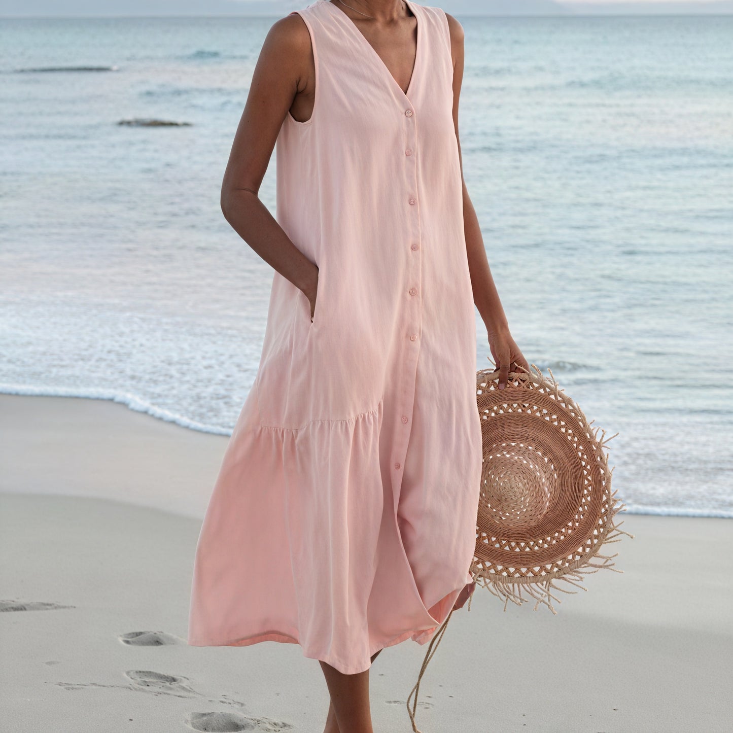 Women's Sleeveless Midi Dress - V-Neck, Button-Down, Pockets, Tiered A-Line, Linen Blend-83194-8e38bcb0-c4fd-43a8-8b18-b37cbbf3b951