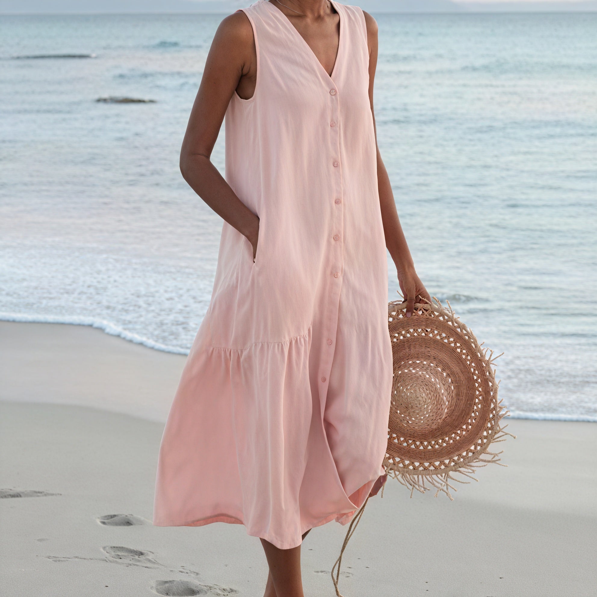 Women's Sleeveless Midi Dress - V-Neck, Button-Down, Pockets, Tiered A-Line, Linen Blend-83194-8e38bcb0-c4fd-43a8-8b18-b37cbbf3b951