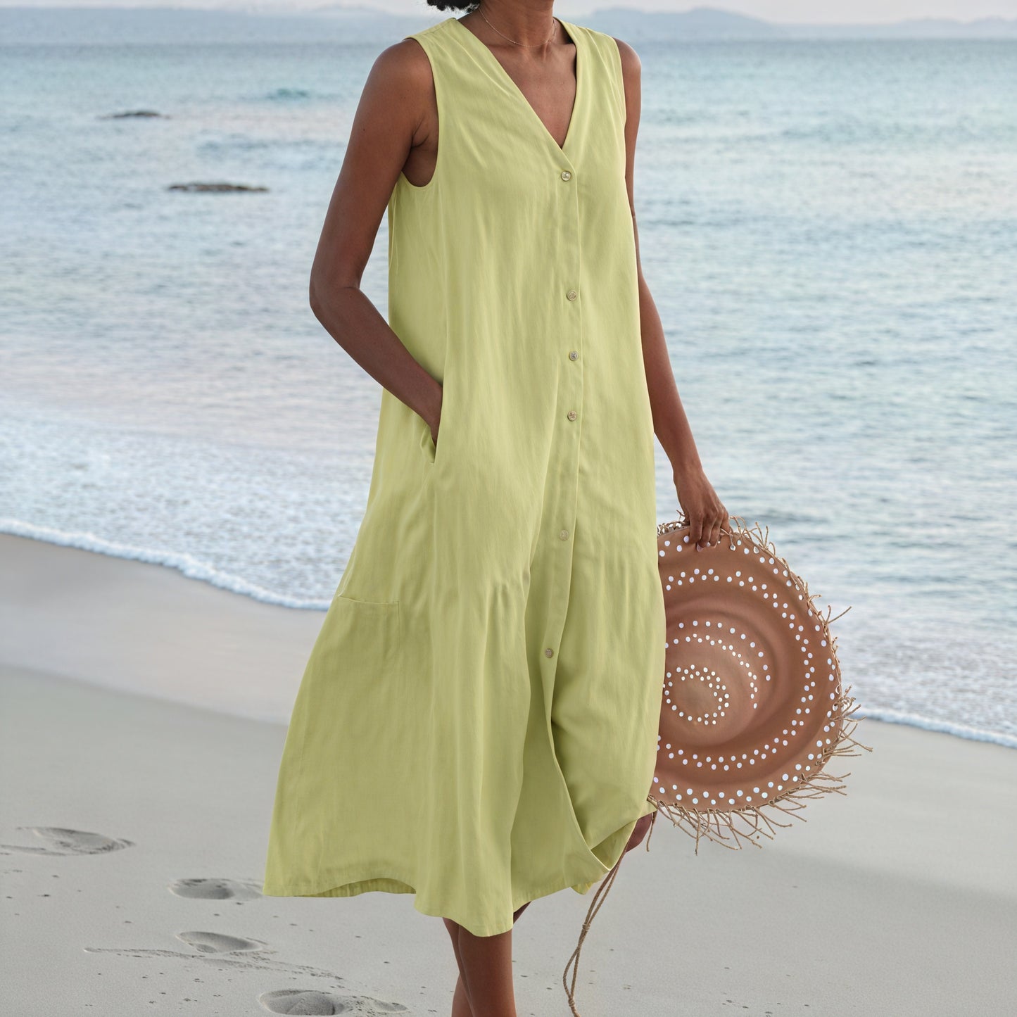 Women's Sleeveless Midi Dress - V-Neck, Button-Down, Pockets, Tiered A-Line, Linen Blend-83194-b91681e4-3614-4e4d-9d89-d28fa1249cb4