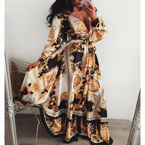 Women's Black Gold Ornate Print Wrap Maxi Dress with High Slit & Long Sleeves-83196-6d804dc6-466b-43f7-910a-5cf6a2623172
