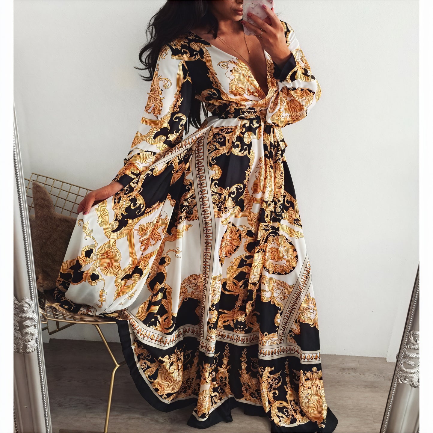 Women's Black Gold Ornate Print Wrap Maxi Dress with High Slit & Long Sleeves-83196-6d804dc6-466b-43f7-910a-5cf6a2623172
