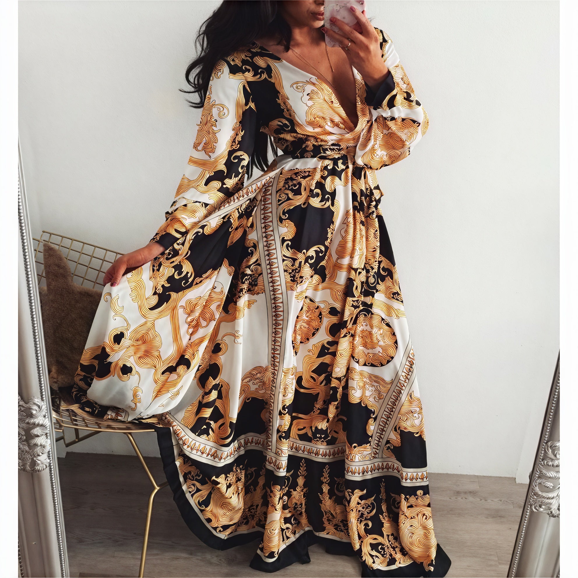 Women's Black Gold Ornate Print Wrap Maxi Dress with High Slit & Long Sleeves-83196-6d804dc6-466b-43f7-910a-5cf6a2623172