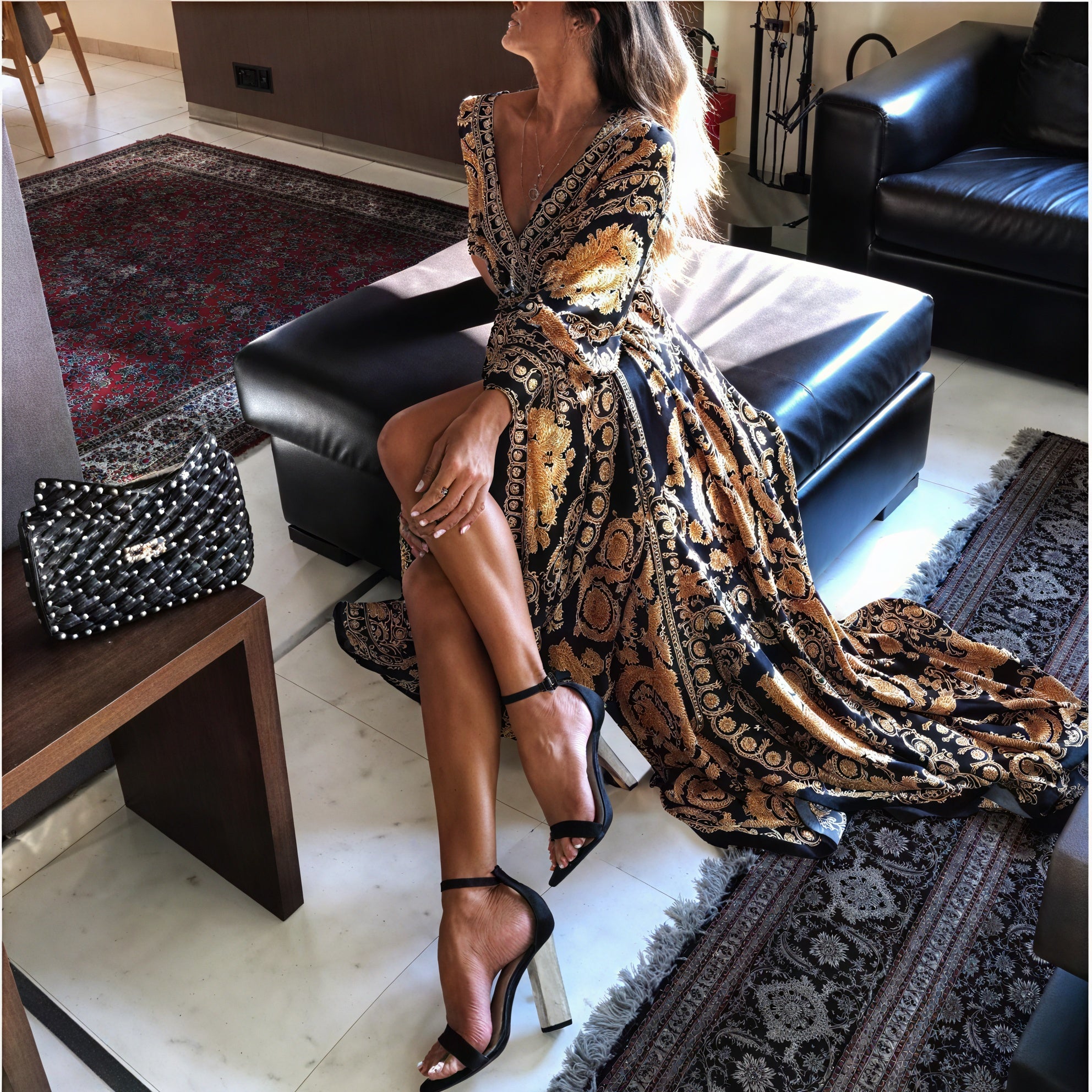 Women's Black Gold Ornate Print Wrap Maxi Dress with High Slit & Long Sleeves-83196-a875b7f0-1c1c-43c1-b7dc-e004673331aa