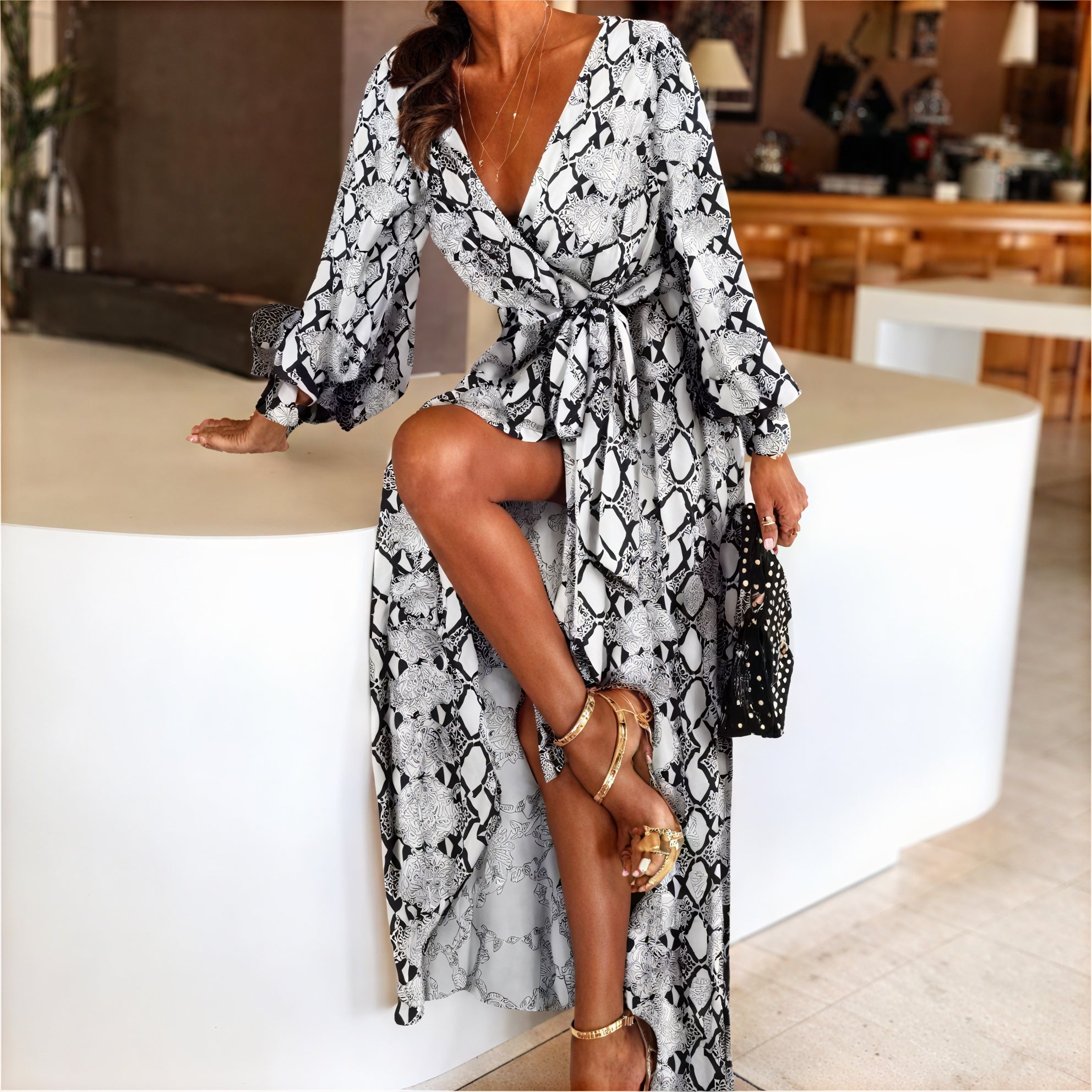 Women's Black Gold Ornate Print Wrap Maxi Dress with High Slit & Long Sleeves-83196-106b7073-8207-459d-bac6-1d7ff4120f85