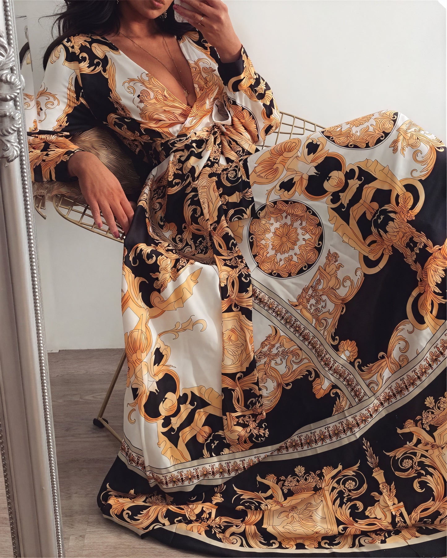 Women's Black Gold Ornate Print Wrap Maxi Dress with High Slit & Long Sleeves-83196-0c418b32-ae10-4ea0-87be-ae0bc3e8f297