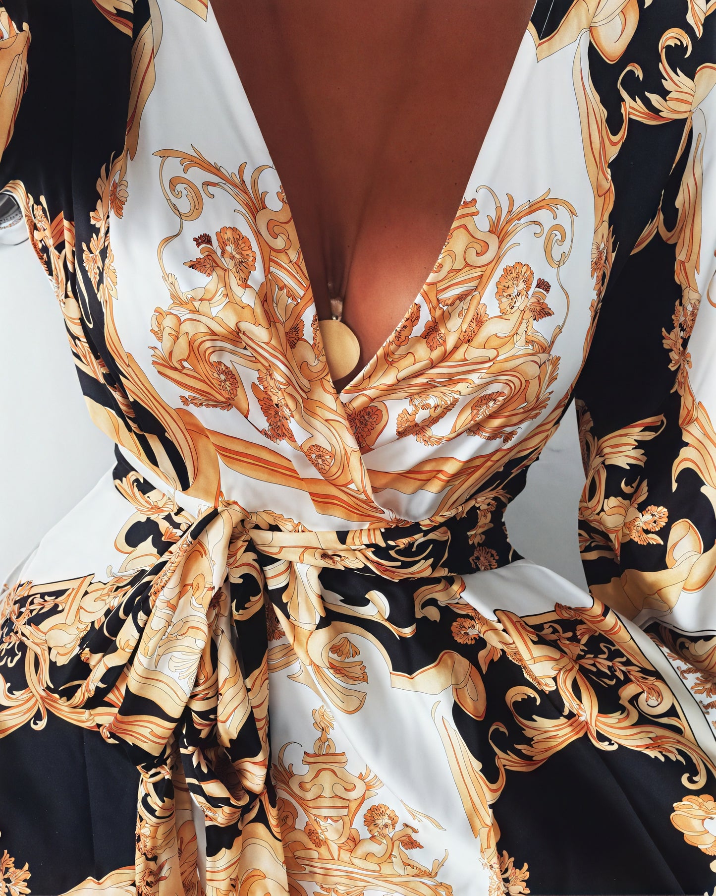 Women's Black Gold Ornate Print Wrap Maxi Dress with High Slit & Long Sleeves-83196-e74eb752-0512-4bd5-85b4-a1dc9b12b276