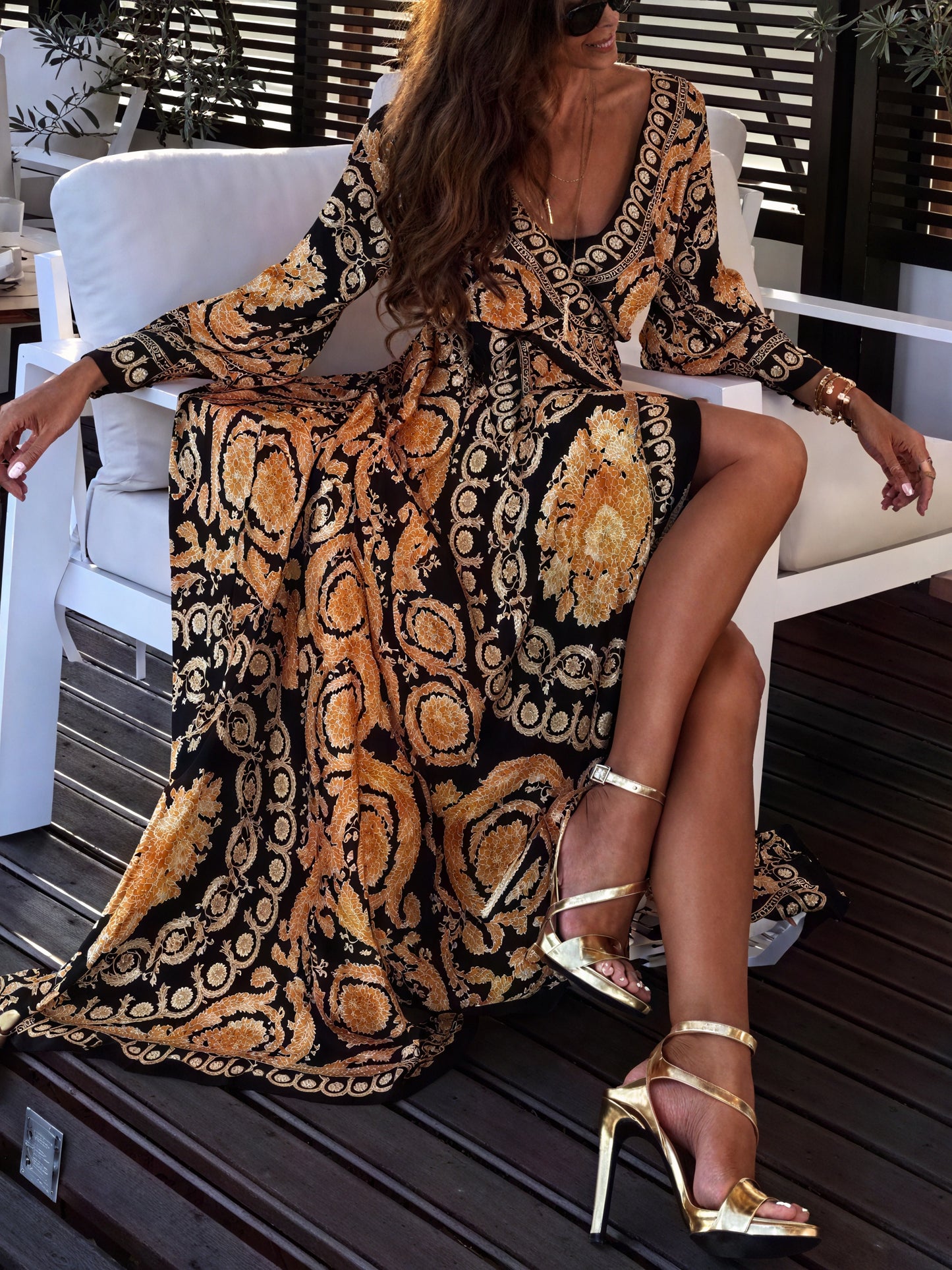 Women's Black Gold Ornate Print Wrap Maxi Dress with High Slit & Long Sleeves-83196-5ea24f8a-0b21-4381-af50-f9ecda59b43c