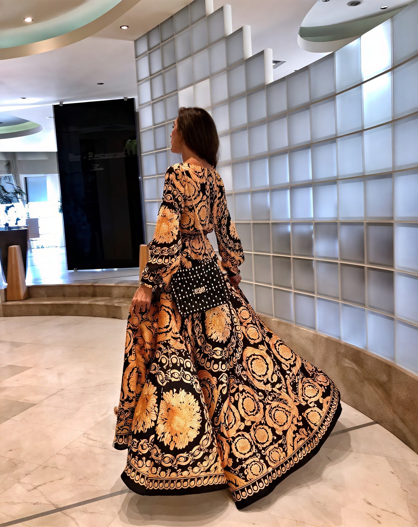Women's Black Gold Ornate Print Wrap Maxi Dress with High Slit & Long Sleeves-83196-6605da1f-fa77-4913-a2c3-5553545e724c