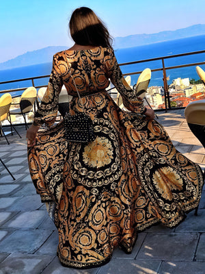 Women's Black Gold Ornate Print Wrap Maxi Dress with High Slit & Long Sleeves-83196-a4589ecd-d28c-4b3f-aba1-e8e0fb21c0f4