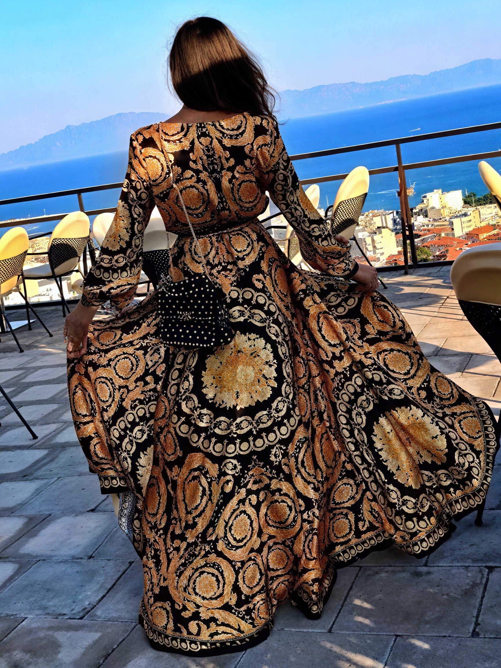 Women's Black Gold Ornate Print Wrap Maxi Dress with High Slit & Long Sleeves-83196-a4589ecd-d28c-4b3f-aba1-e8e0fb21c0f4