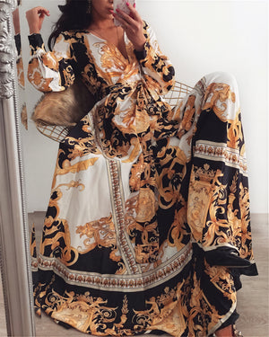 Women's Black Gold Ornate Print Wrap Maxi Dress with High Slit & Long Sleeves-83196-b3d47b27-1ce0-45e4-82ee-82c6cb021ed0