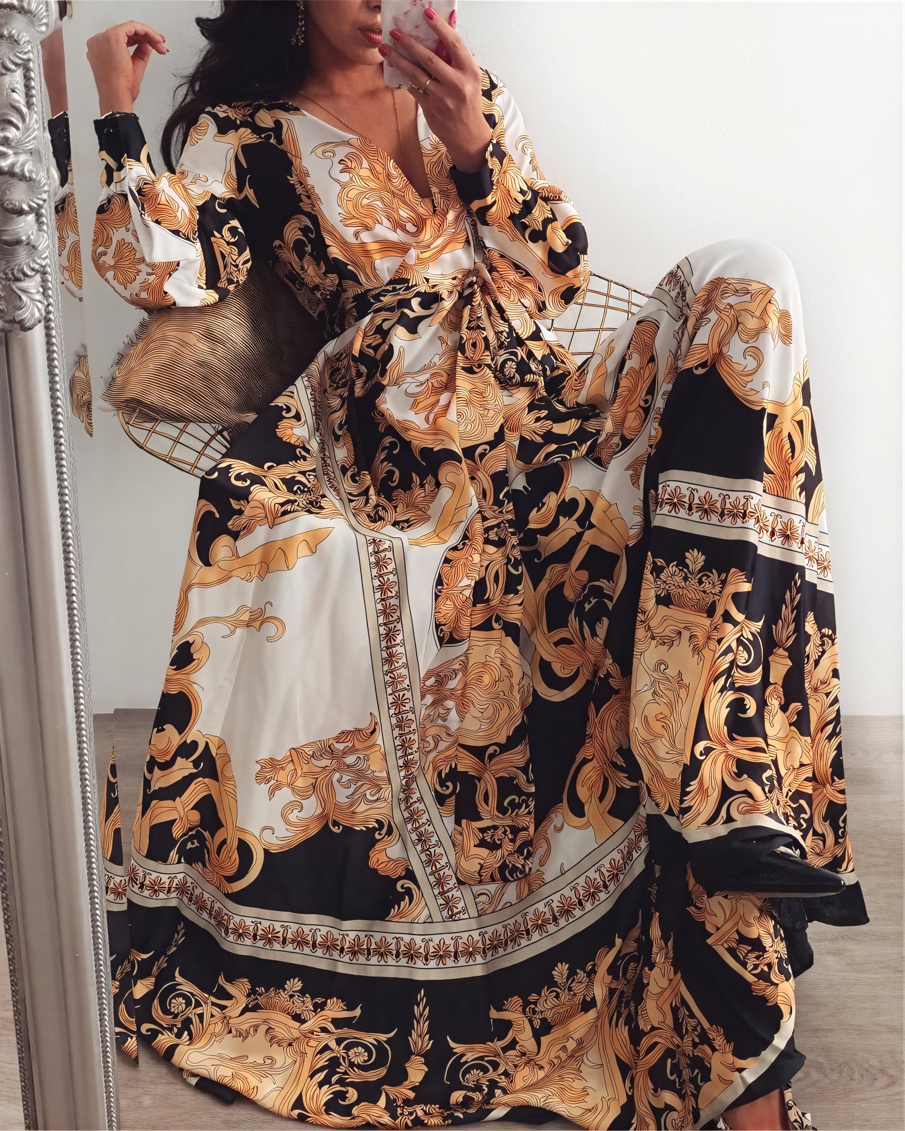 Women's Black Gold Ornate Print Wrap Maxi Dress with High Slit & Long Sleeves-83196-b3d47b27-1ce0-45e4-82ee-82c6cb021ed0