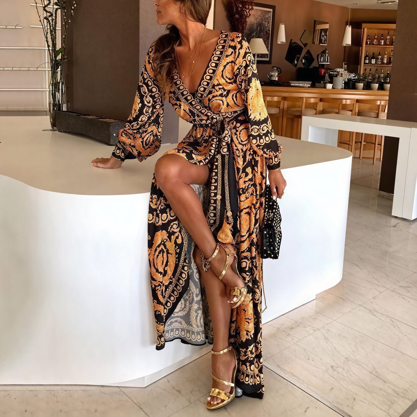 Women's Black Gold Ornate Print Wrap Maxi Dress with High Slit & Long Sleeves-83196-eb068513-7d03-4cf7-8ad5-148ded9a5f94