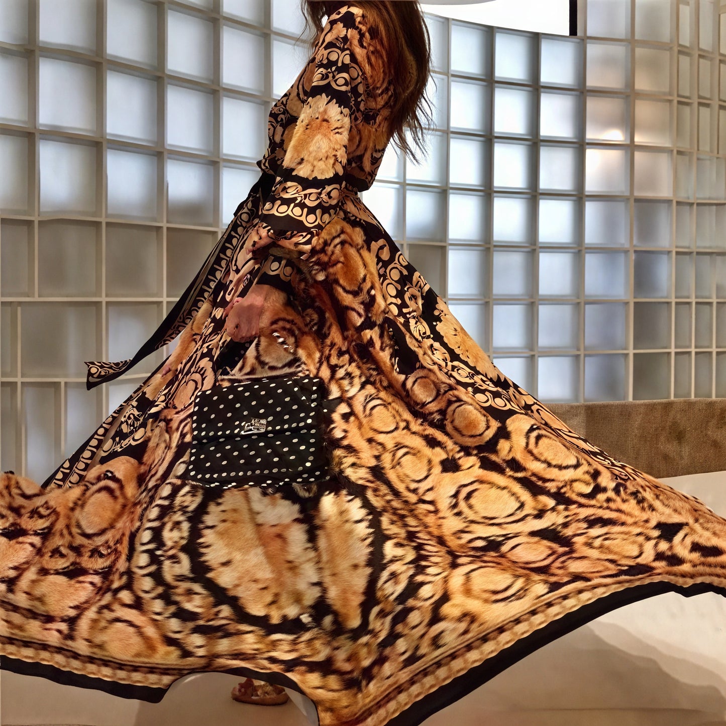Women's Black Gold Ornate Print Wrap Maxi Dress with High Slit & Long Sleeves-83196-87c3d112-b02c-42cd-bd14-4654c3db5cff