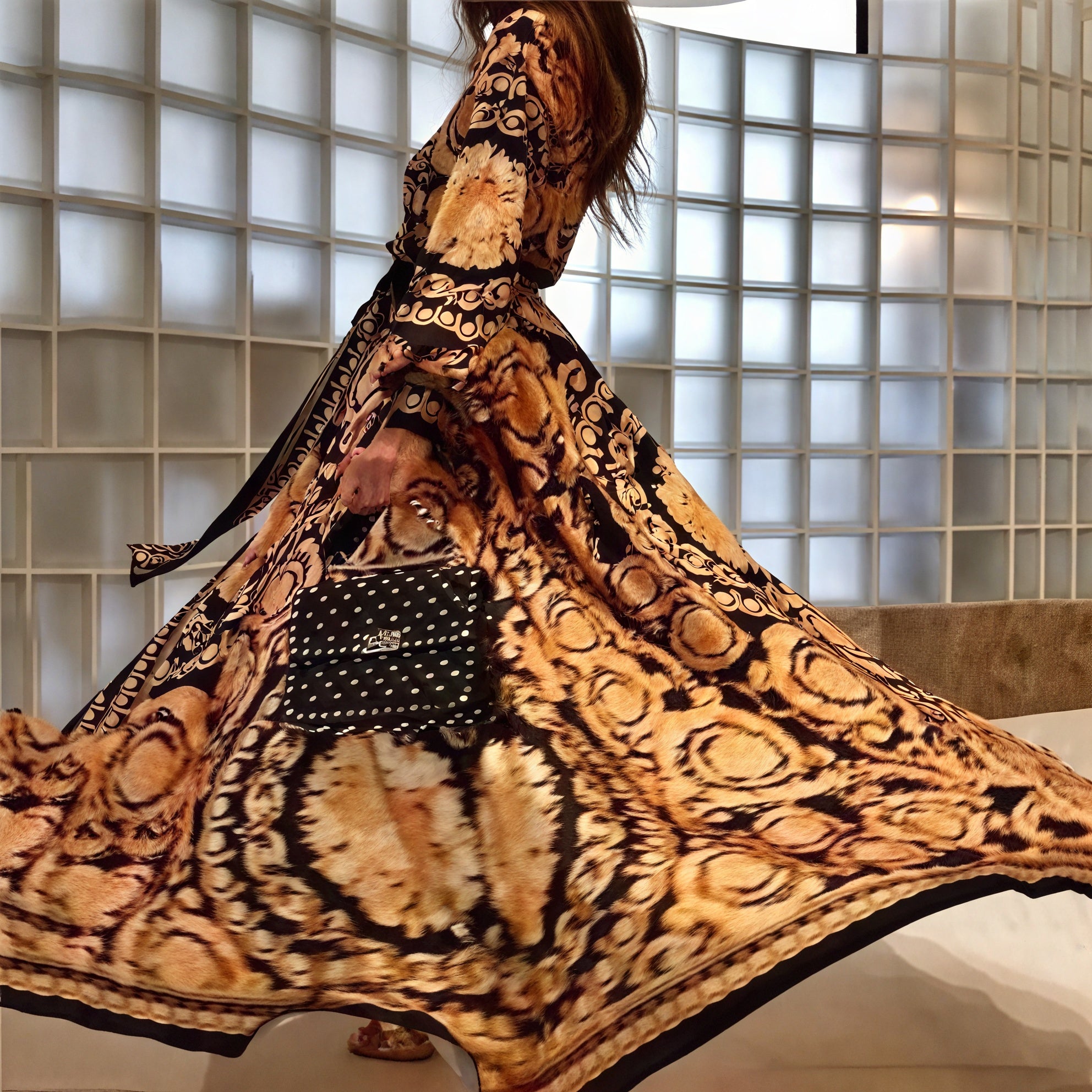 Women's Black Gold Ornate Print Wrap Maxi Dress with High Slit & Long Sleeves-83196-87c3d112-b02c-42cd-bd14-4654c3db5cff