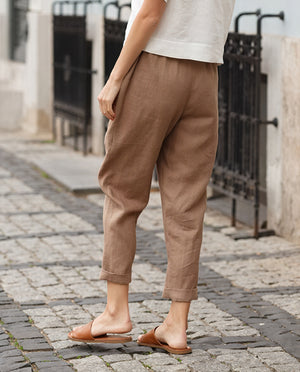 Women's Linen Blend Relaxed Fit Pants – Elastic Waist, Cuffed Hem, Cropped-83198-ff03bfaa-4feb-4750-bfa6-7a739037c5f1