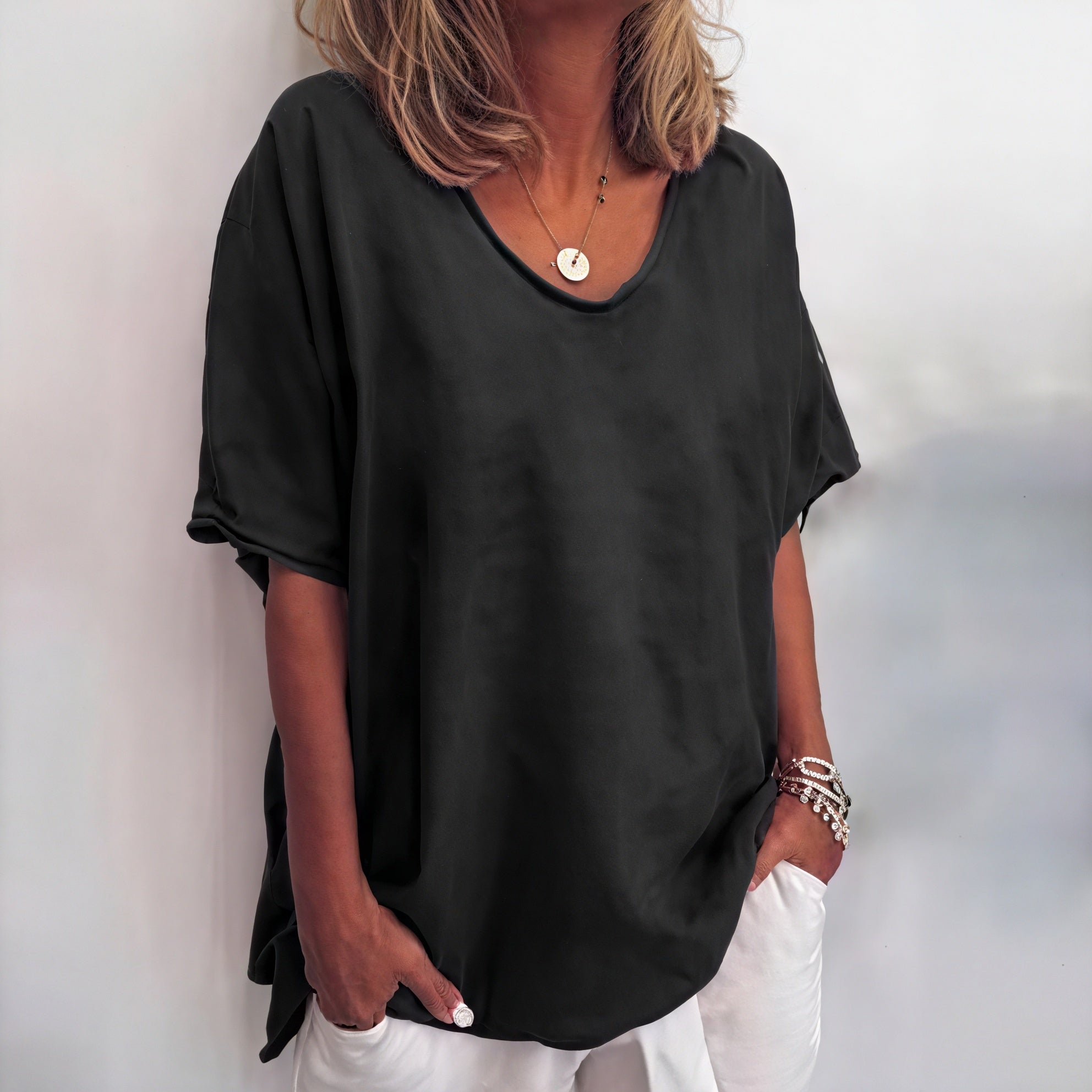 Women's Relaxed Fit Top – Lightweight V-Neck, Short Sleeve, Asymmetrical Hem-83199-084497e9-7199-47a0-b530-2cd7ae72869f