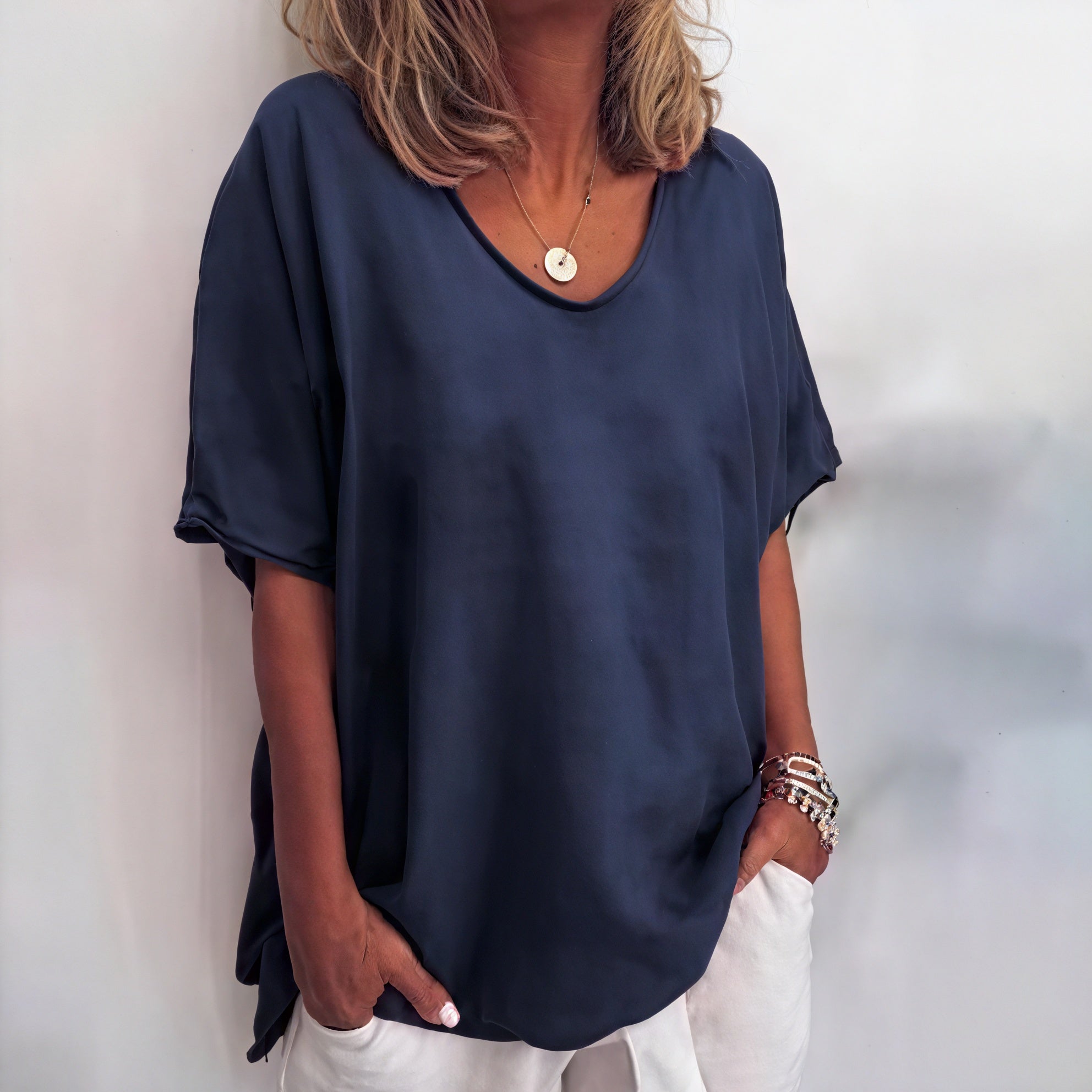 Women's Relaxed Fit Top – Lightweight V-Neck, Short Sleeve, Asymmetrical Hem-83199-6b780f24-4a14-4b69-b763-07c047e52609