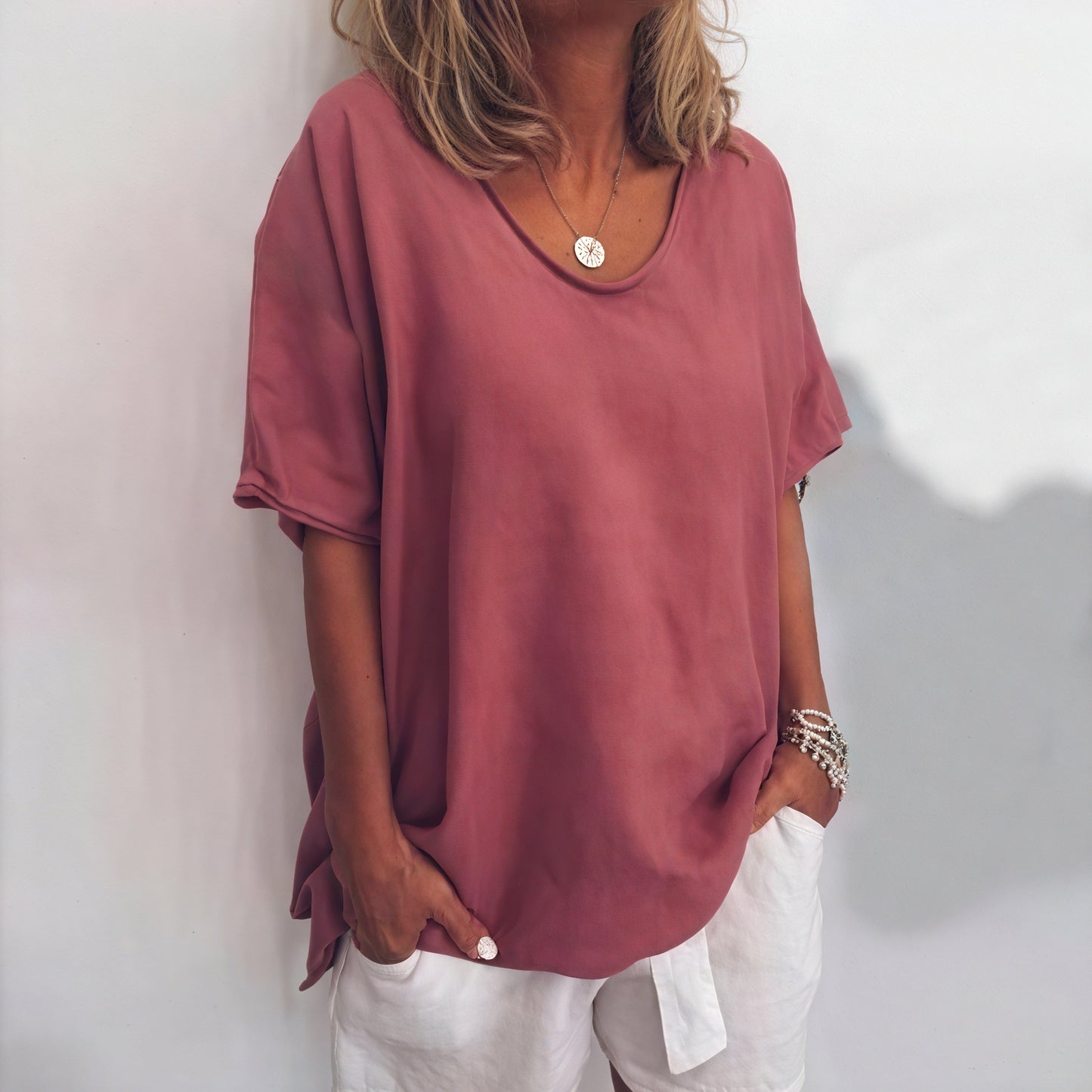 Women's Relaxed Fit Top – Lightweight V-Neck, Short Sleeve, Asymmetrical Hem-83199-1df95034-cd42-4abf-9845-216be1000fa8