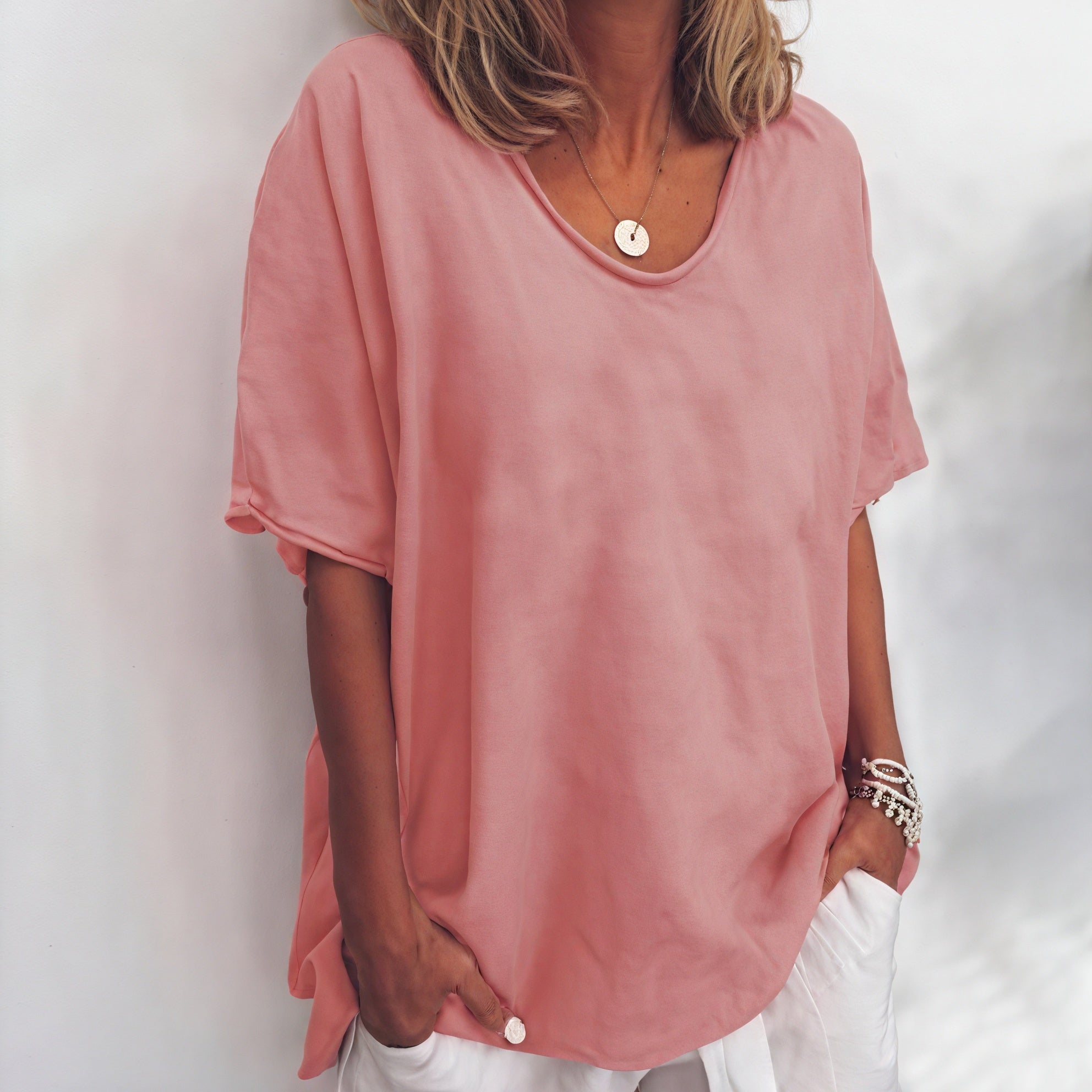 Women's Relaxed Fit Top – Lightweight V-Neck, Short Sleeve, Asymmetrical Hem-83199-ac505fc2-9c94-4545-b84e-c2d24ae8408a