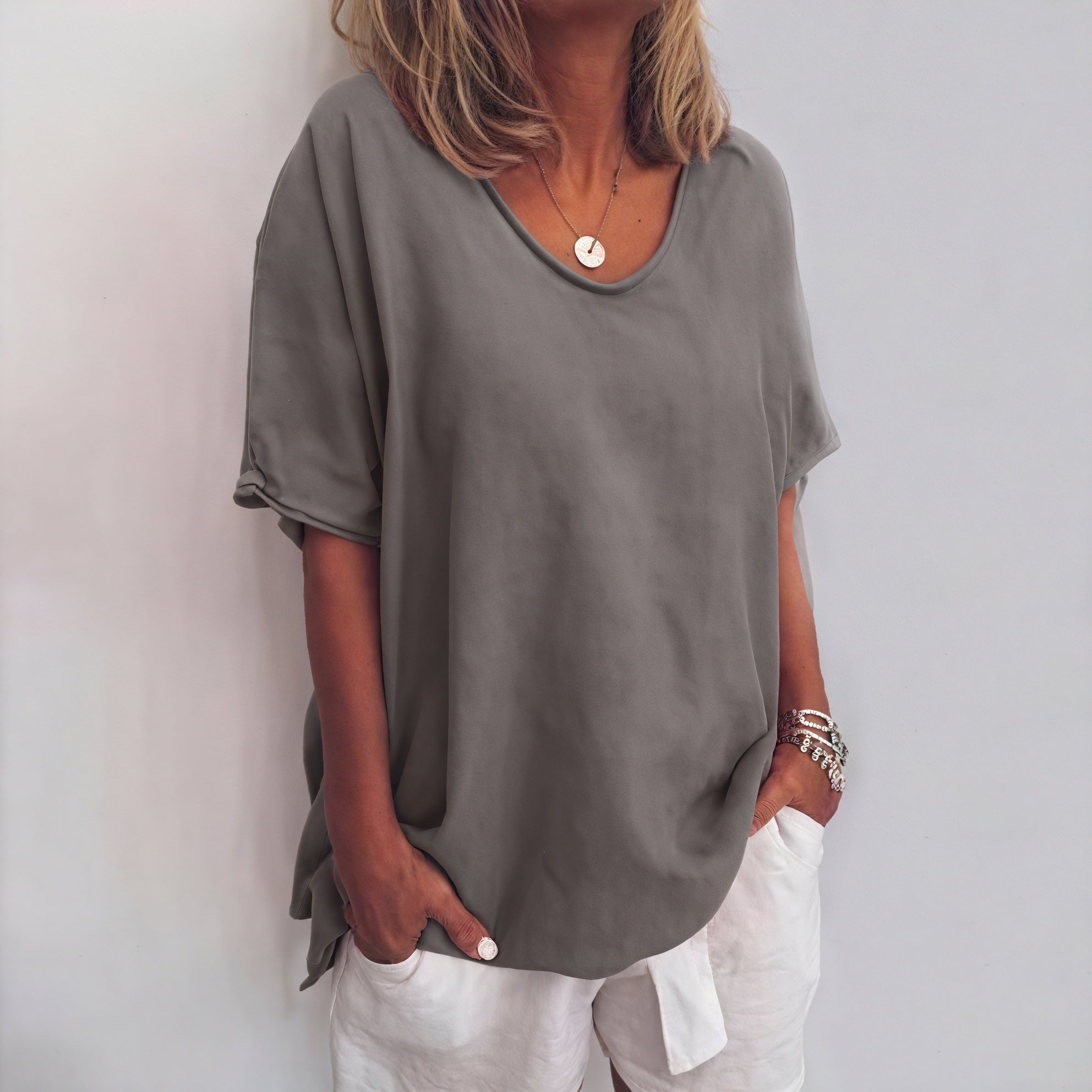 Women's Relaxed Fit Top – Lightweight V-Neck, Short Sleeve, Asymmetrical Hem-83199-d714fc36-572f-4291-b566-ea49996ce376