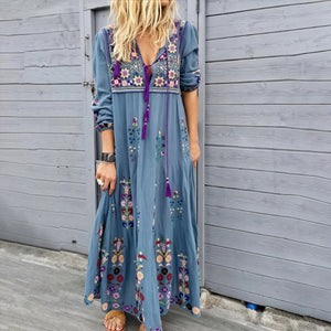 Women's Maxi Dress – Floral Embroidered V-Neck, Tassel Detail, Cotton Blend, Boho-83200-ecf47d2f-1eee-4be2-bb1b-1b6f1e33648c