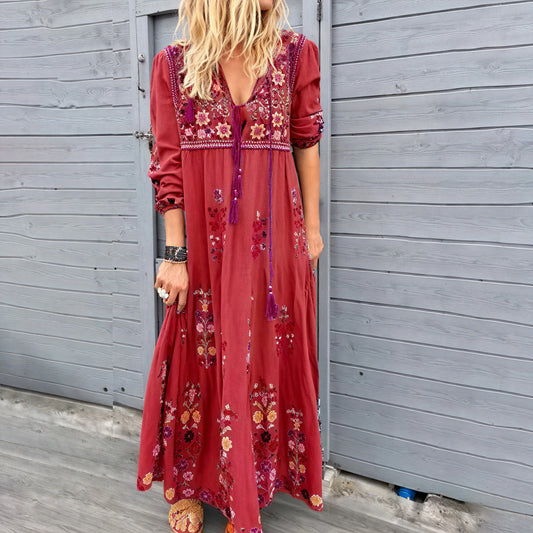 Women's Maxi Dress – Floral Embroidered V-Neck, Tassel Detail, Cotton Blend, Boho-83200-87705d6f-92a3-47a4-9b69-3d13eda9efd3