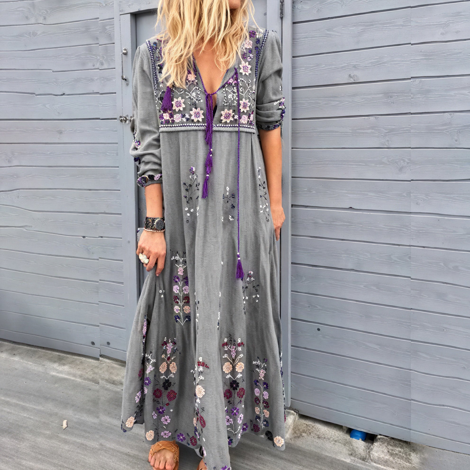 Women's Maxi Dress – Floral Embroidered V-Neck, Tassel Detail, Cotton Blend, Boho-83200-8e776f37-b2f9-4e54-aa87-bcaa17a78f96