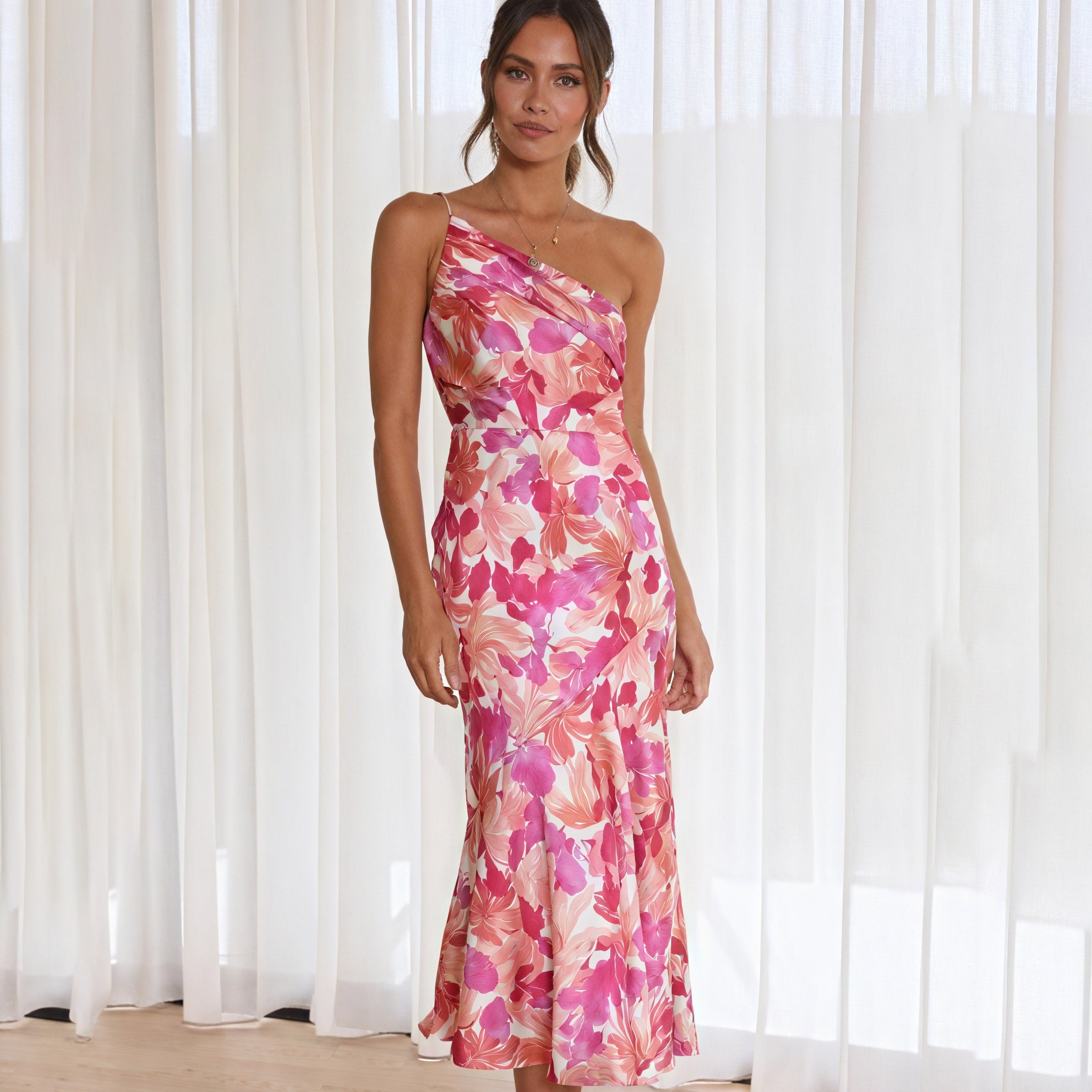 Women's Pink Floral Midi Dress – Asymmetrical Neckline, Draped Silk Blend-83209-657f129f-957e-4f26-97cf-396cafc72ff5
