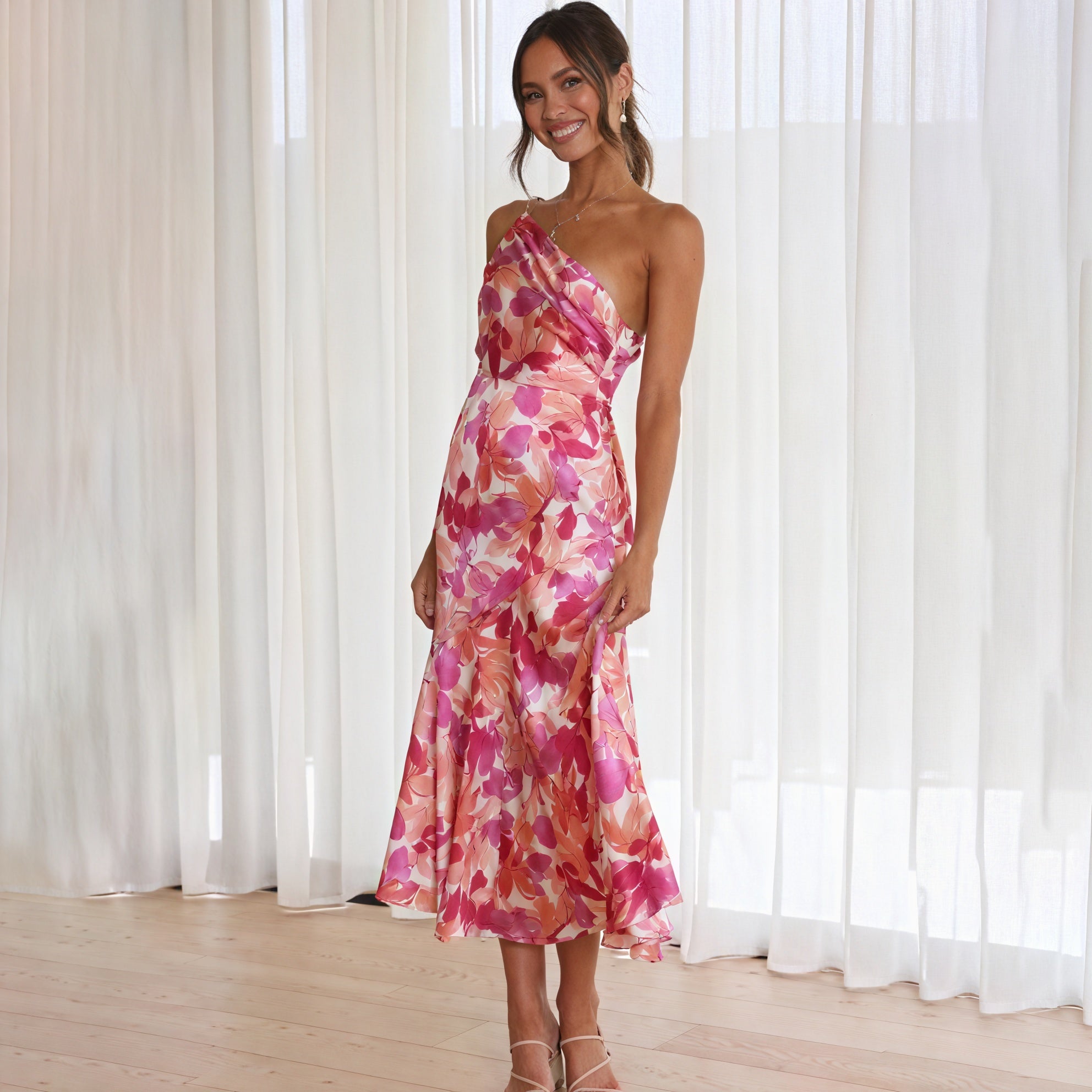 Women's Pink Floral Midi Dress – Asymmetrical Neckline, Draped Silk Blend-83209-a42f693c-714e-4c1b-a774-03569659ba2c