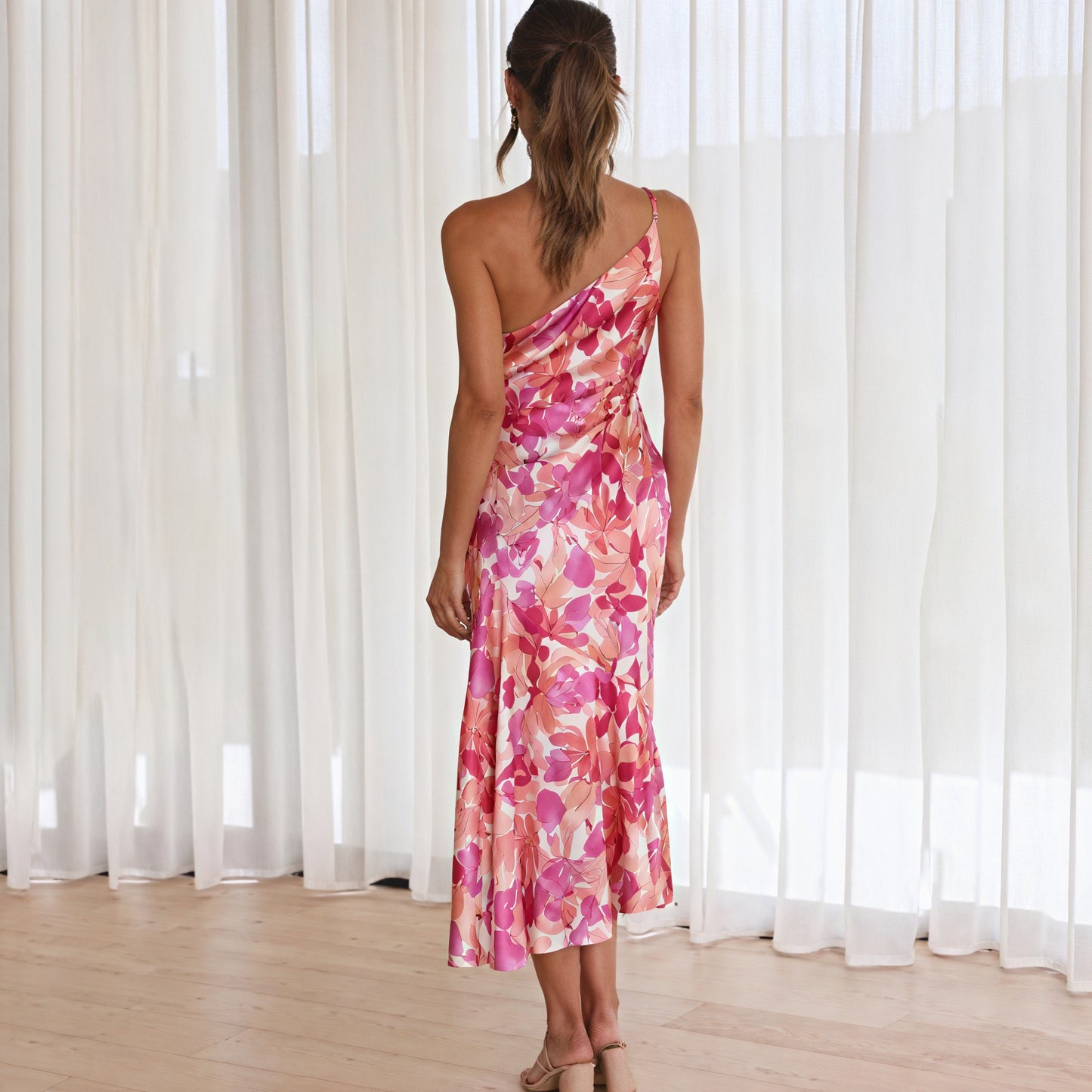 Women's Pink Floral Midi Dress – Asymmetrical Neckline, Draped Silk Blend-83209-e82f677c-739c-415a-8553-49132784ecbf