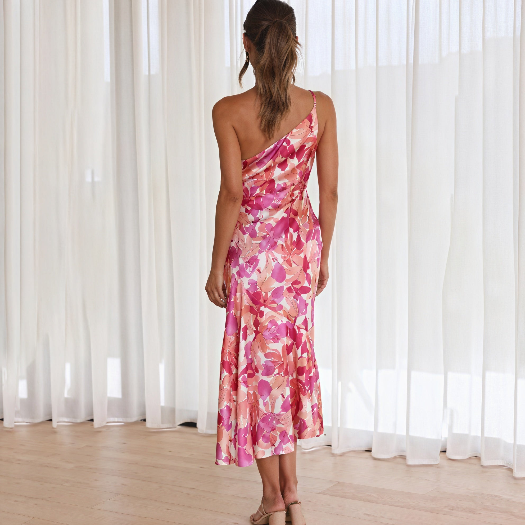 Women's Pink Floral Midi Dress – Asymmetrical Neckline, Draped Silk Blend-83209-e82f677c-739c-415a-8553-49132784ecbf