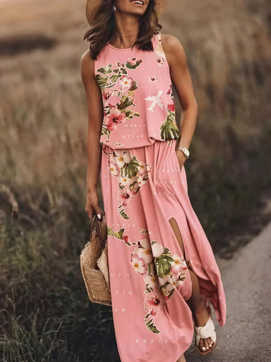 Women's Sleeveless Maxi Dress with Side Slit & Pockets, Floral Pattern-83214-d990d23a-4edd-4864-9e05-98e7e25a9c4e