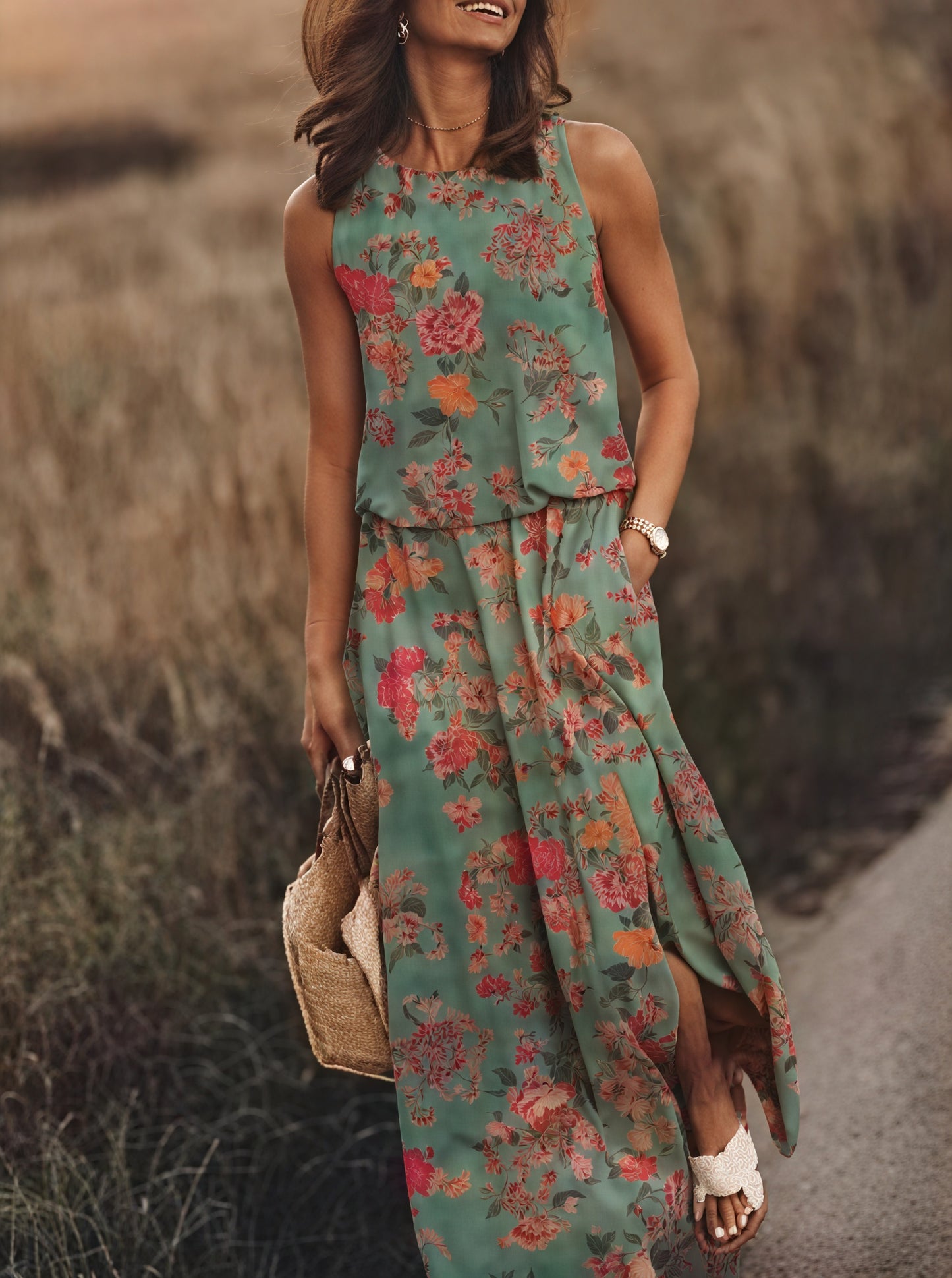 Women's Sleeveless Maxi Dress with Side Slit & Pockets, Floral Pattern-83214-2541129f-ef59-478d-9cd9-69c5b2433815