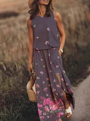 Women's Sleeveless Maxi Dress with Side Slit & Pockets, Floral Pattern-83214-64c62fdd-8d8e-4bfb-8fea-034a2ce3526c