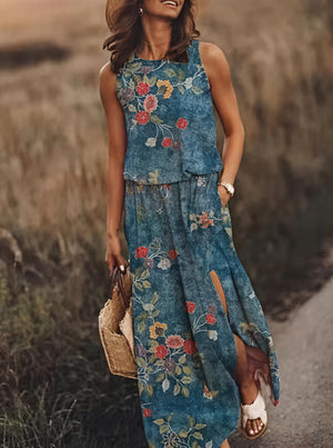 Women's Sleeveless Maxi Dress with Side Slit & Pockets, Floral Pattern-83214-54fef001-bb01-42b7-baa2-60f457a8ac16