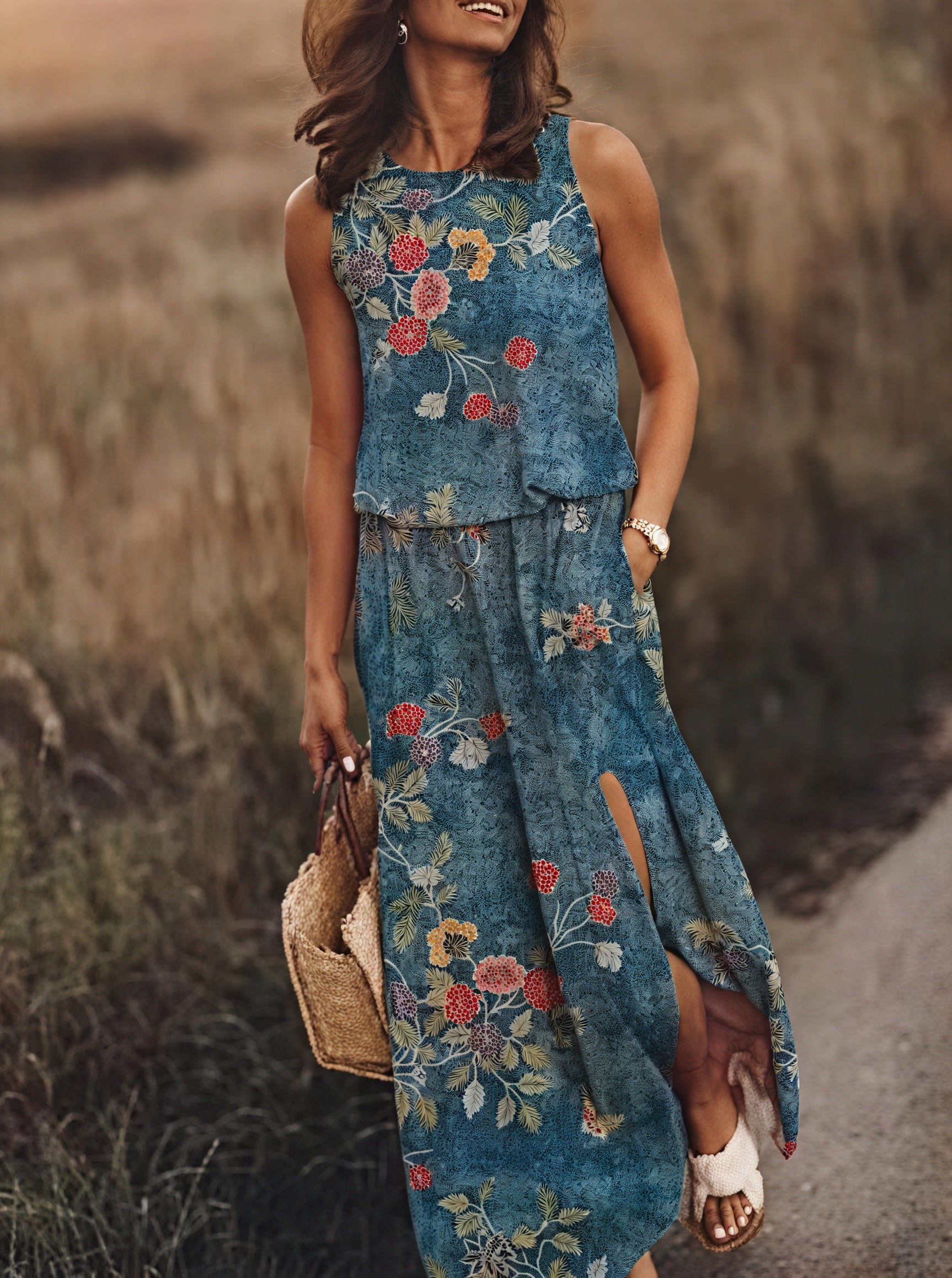 Women's Sleeveless Maxi Dress with Side Slit & Pockets, Floral Pattern-83214-54fef001-bb01-42b7-baa2-60f457a8ac16