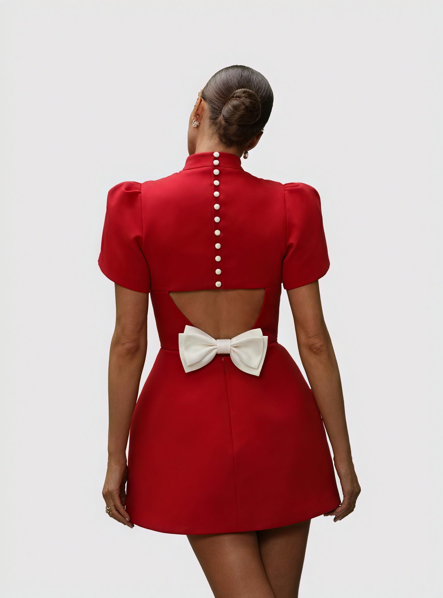 Women's Red Mini Dress – High Neck, Structured Short Sleeves, Woven Fabric-83215-d9b3878f-1506-43b6-845a-35680ee2bb2a