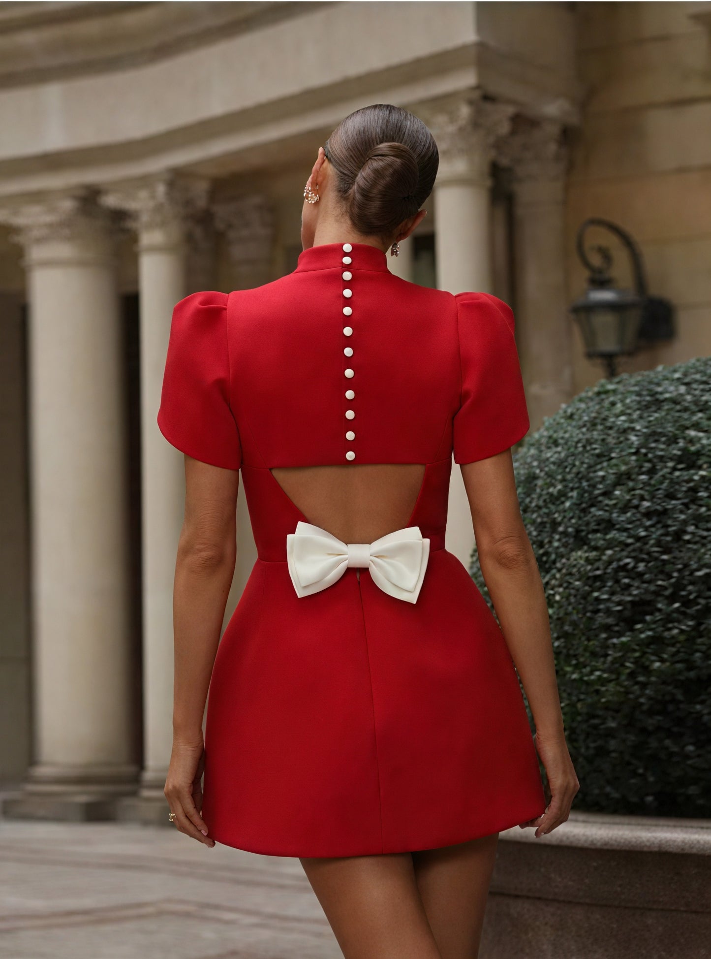 Women's Red Mini Dress – High Neck, Structured Short Sleeves, Woven Fabric-83215-ddf931ee-acee-471a-99d3-ea86e8c2783c