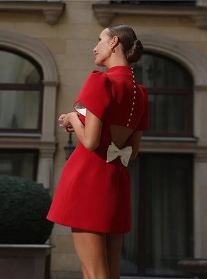 Women's Red Mini Dress – High Neck, Structured Short Sleeves, Woven Fabric-83215-300b701d-9de2-429f-8377-9a52db5d1e0a