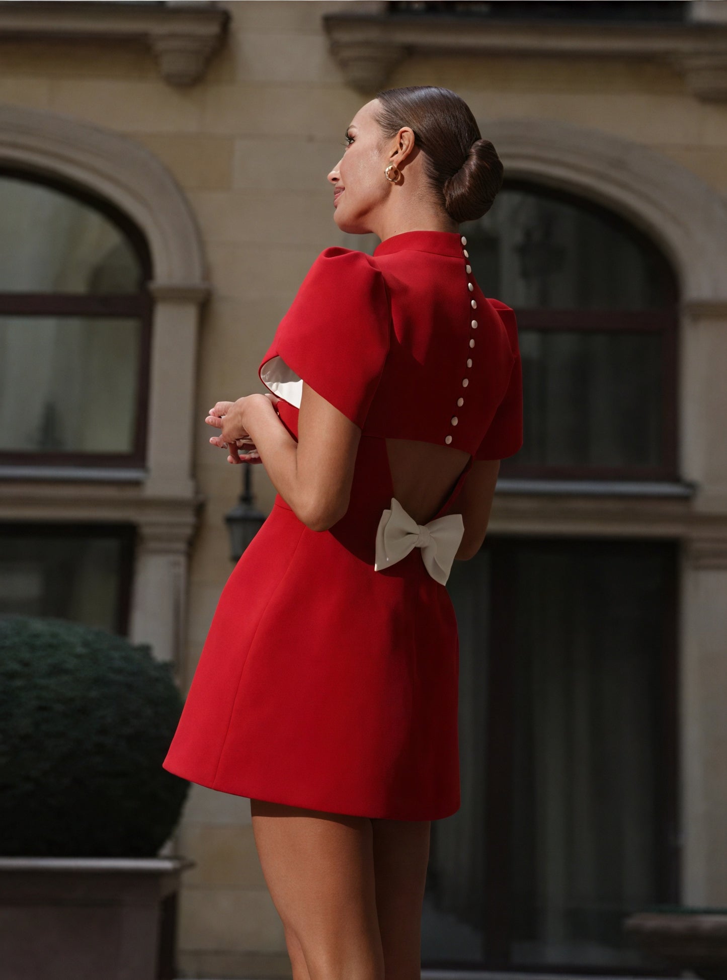 Women's Red Mini Dress – High Neck, Structured Short Sleeves, Woven Fabric-83215-300b701d-9de2-429f-8377-9a52db5d1e0a