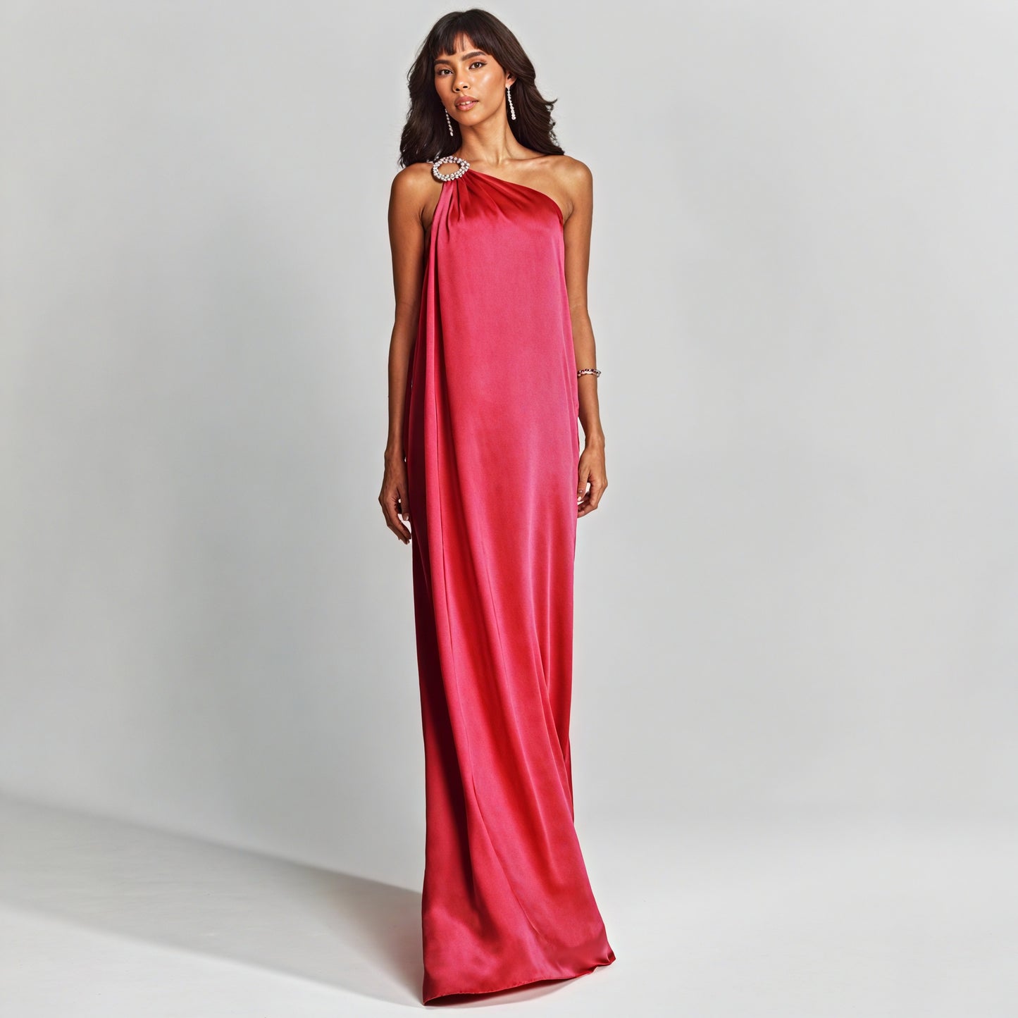 Women's Floor-Length One-Shoulder Gown – Coral Silk, Jeweled Embellishment, Column Silhouette, Sydney Wardrobe-83221-9802b27a-5b8c-410d-bc60-d469d2e72cd9