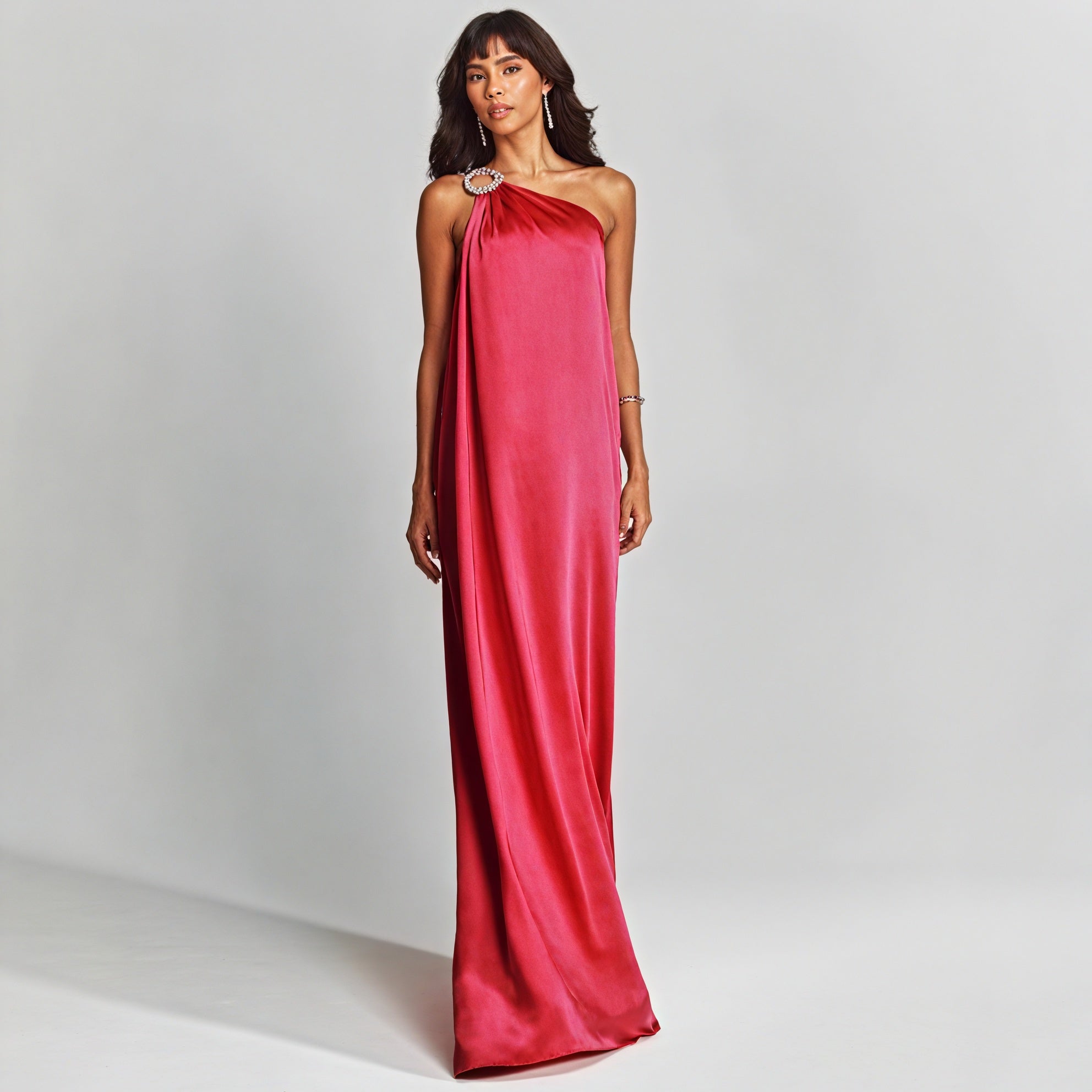 Women's Floor-Length One-Shoulder Gown – Coral Silk, Jeweled Embellishment, Column Silhouette, Sydney Wardrobe-83221-9802b27a-5b8c-410d-bc60-d469d2e72cd9
