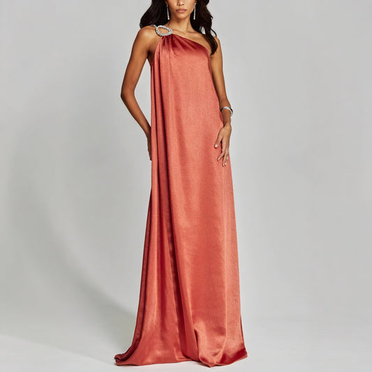 Women's Floor-Length One-Shoulder Gown – Coral Silk, Jeweled Embellishment, Column Silhouette, Sydney Wardrobe-83221-8835da9a-4921-4193-af11-b34814daf536