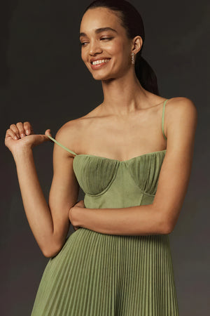Women's Midi Dress – Olive Green, Structured Bustier, Pleated Skirt, Sweetheart Neck-83242-3ac23275-29b0-4b9a-acea-dcfb039dd867