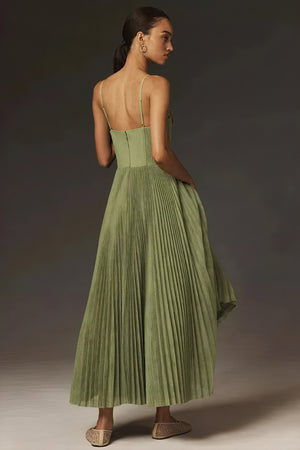 Women's Midi Dress – Olive Green, Structured Bustier, Pleated Skirt, Sweetheart Neck-83242-64f85610-269c-4f01-87a2-498fc90f8b44