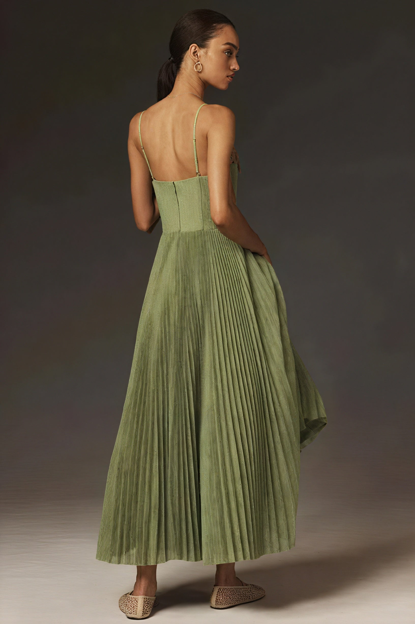 Women's Midi Dress – Olive Green, Structured Bustier, Pleated Skirt, Sweetheart Neck-83242-64f85610-269c-4f01-87a2-498fc90f8b44