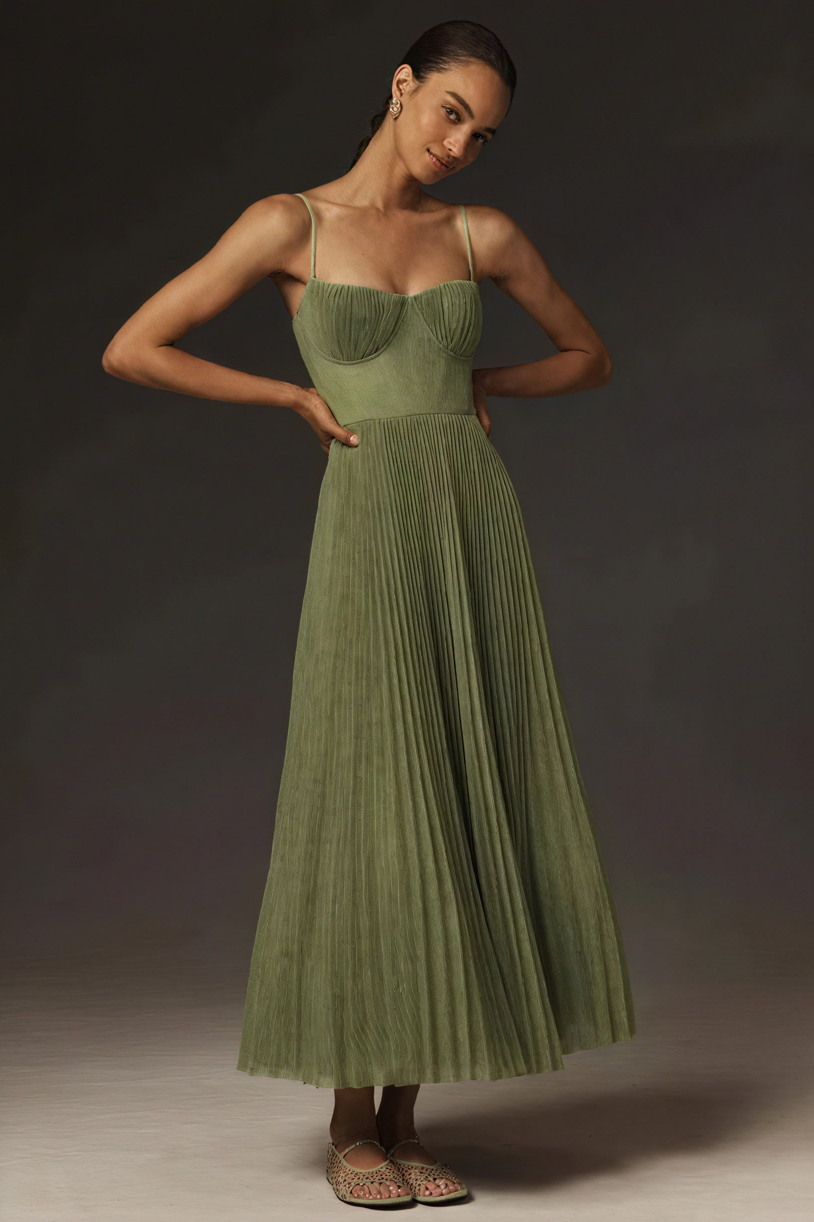 Women's Midi Dress – Olive Green, Structured Bustier, Pleated Skirt, Sweetheart Neck-83242-b10ef86f-17a3-49b9-82f1-9d3bfa7743ad
