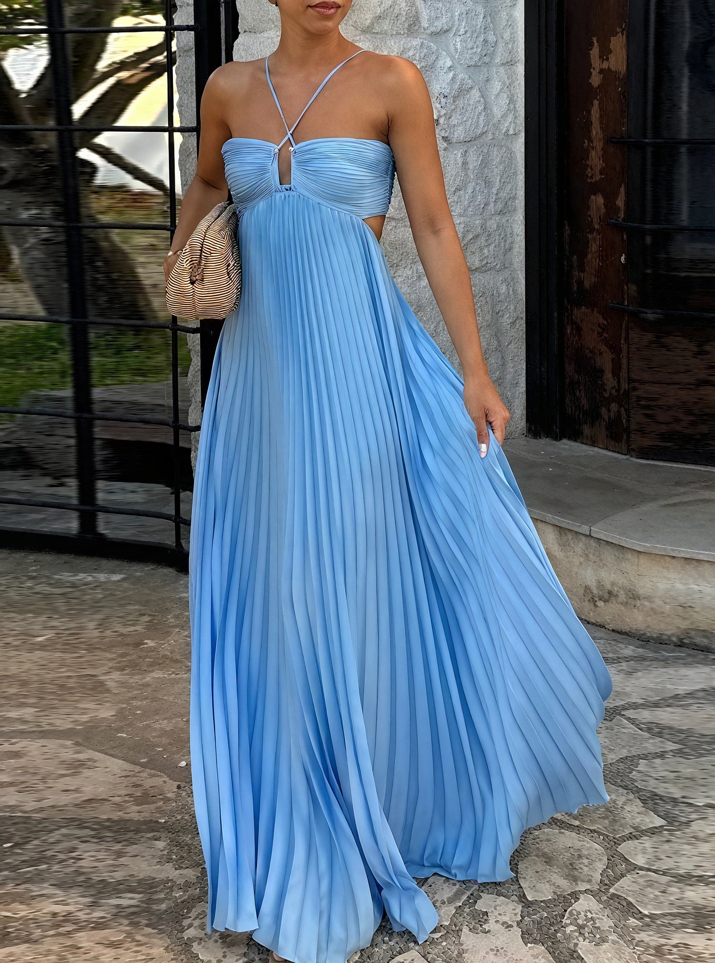 Women's Halter Maxi Dress – Pleated Skirt, Side Cut-Outs, Elegant-83247-aeddaa29-f1ff-4a32-8cdc-554bef344f87