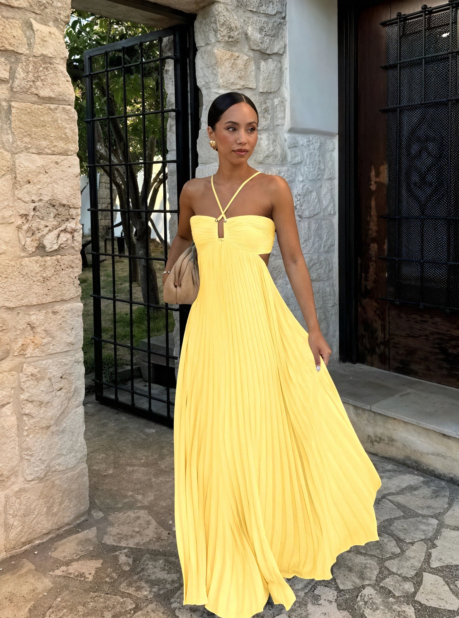Women's Halter Maxi Dress – Pleated Skirt, Side Cut-Outs, Elegant-83247-4475cea7-8147-4777-a0e3-ee5c004d2602